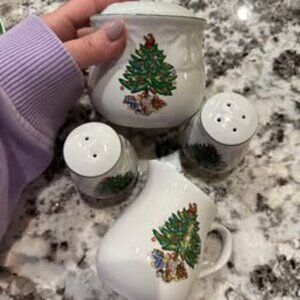 Christmas Tree creamer, sugar dish, salt & pepper shaker set by christmas time